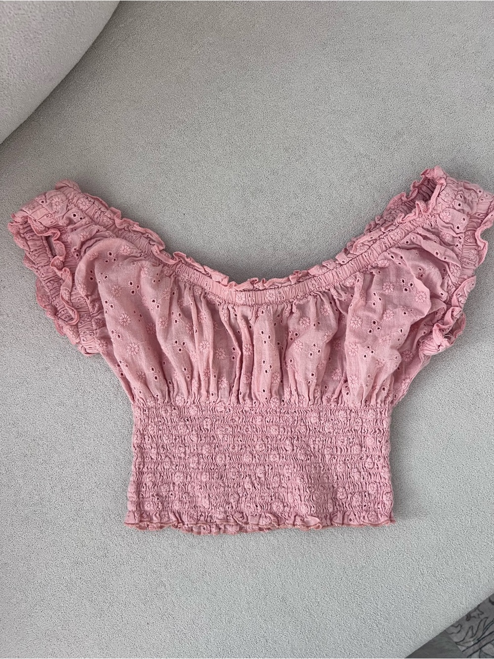 Stella Laguna Beach Pink Eyelet Smocked Off-Shoulder Crop Top